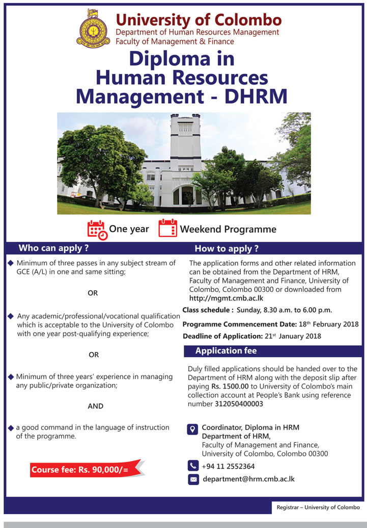 Diploma in Human Resources Management (DHRM) - Faculty of Management & Finance - University of Colombo